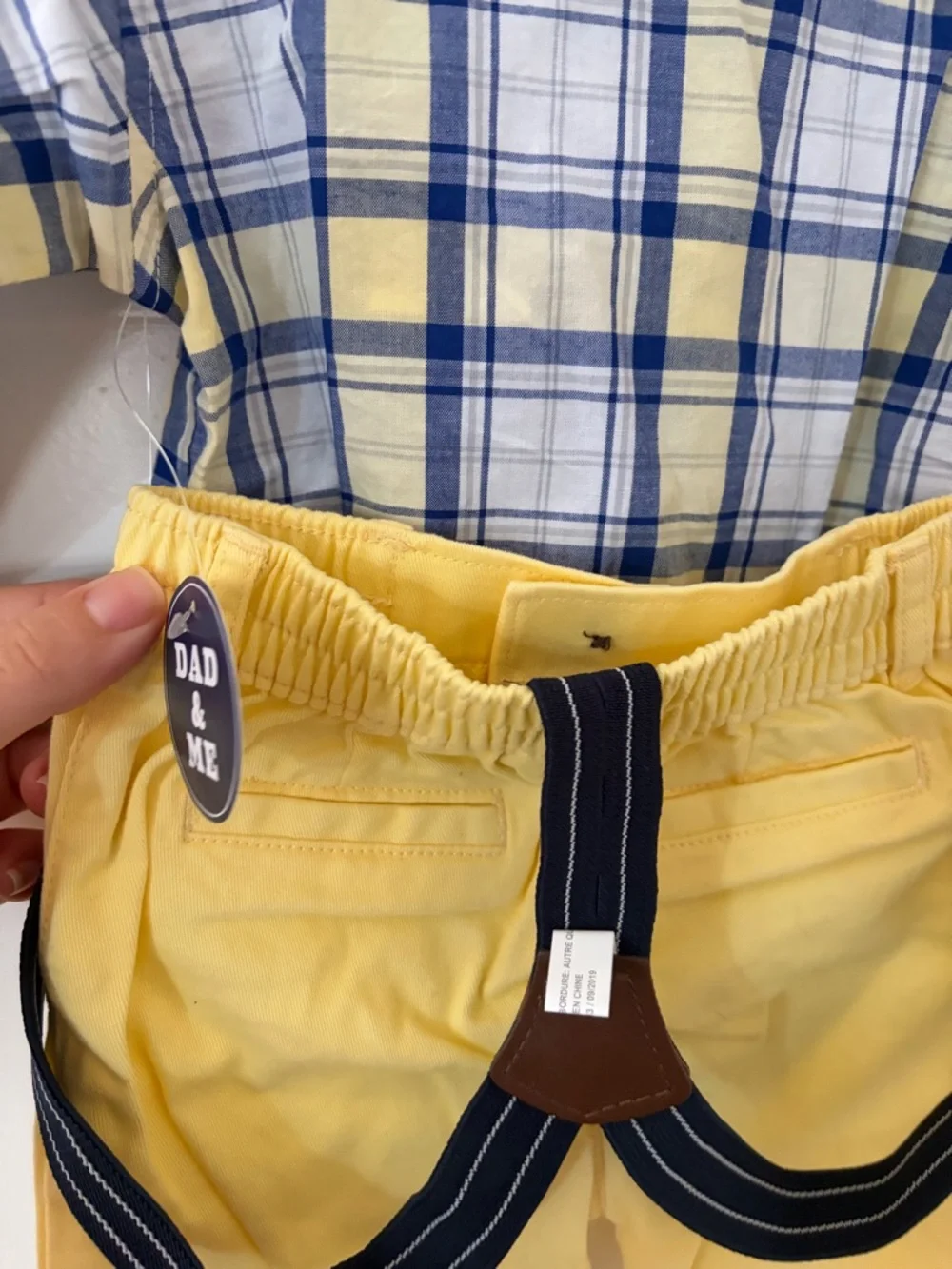 The Children’s Place Plaid Button-Up Bodysuit Yellow Pants Bow Tie Suspenders - Picture 4 of 5